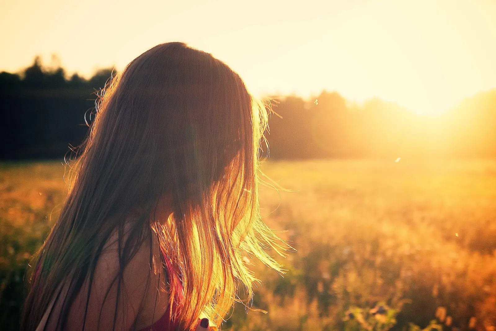 Mulher de costas num campo dourado ao pôr do sol